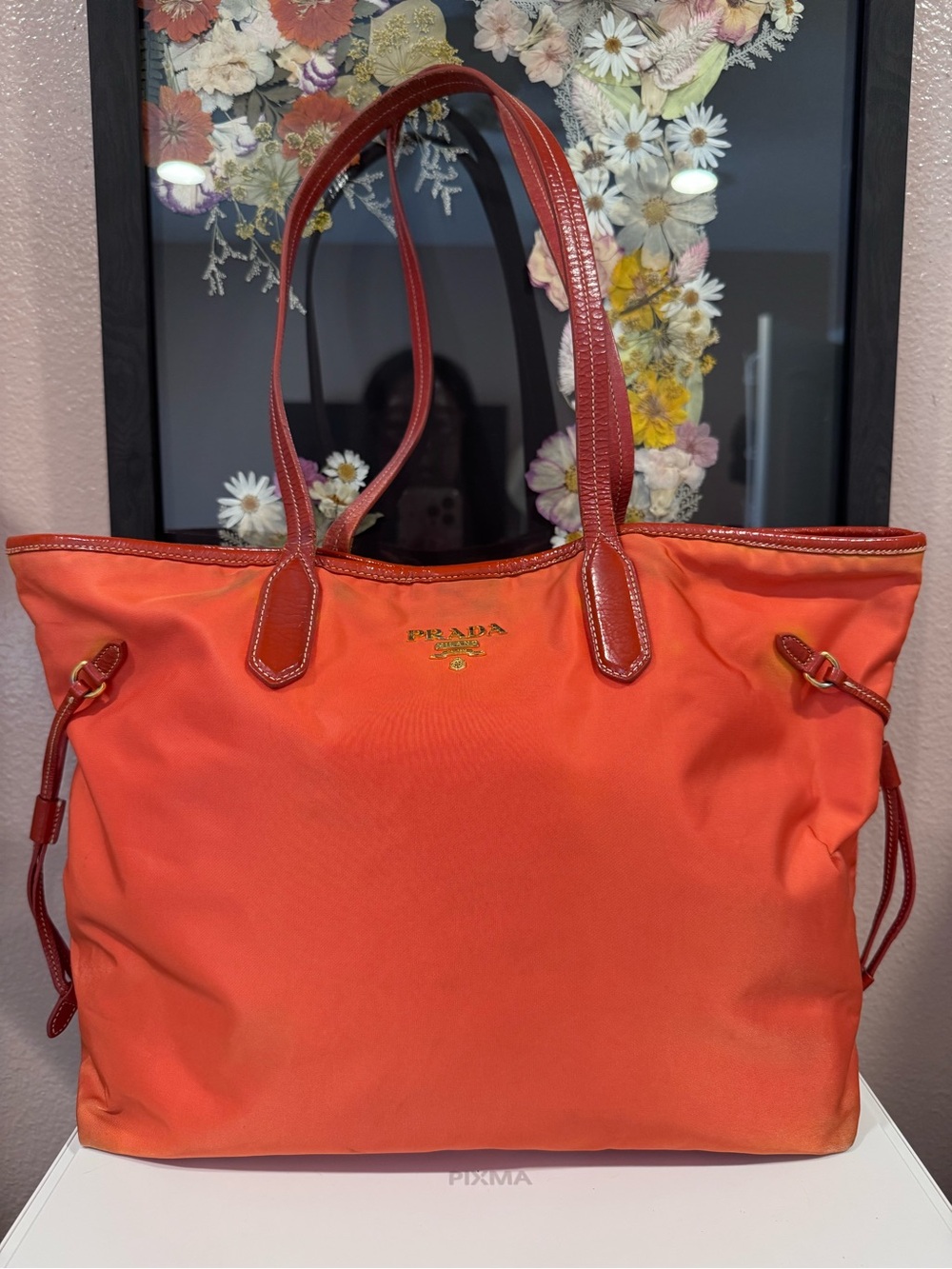 Prada Tesuto Open Tote with Saffiano Leather Trim in color Papaya. Authentic